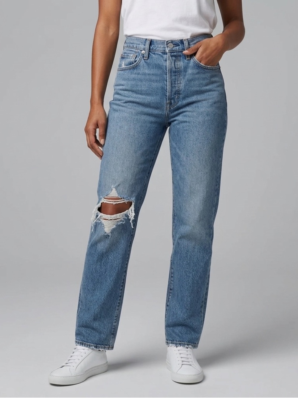 Madewell The Perfect Vintage Straight Jeans 27 Medium Wash Distressed Knee 28.5"